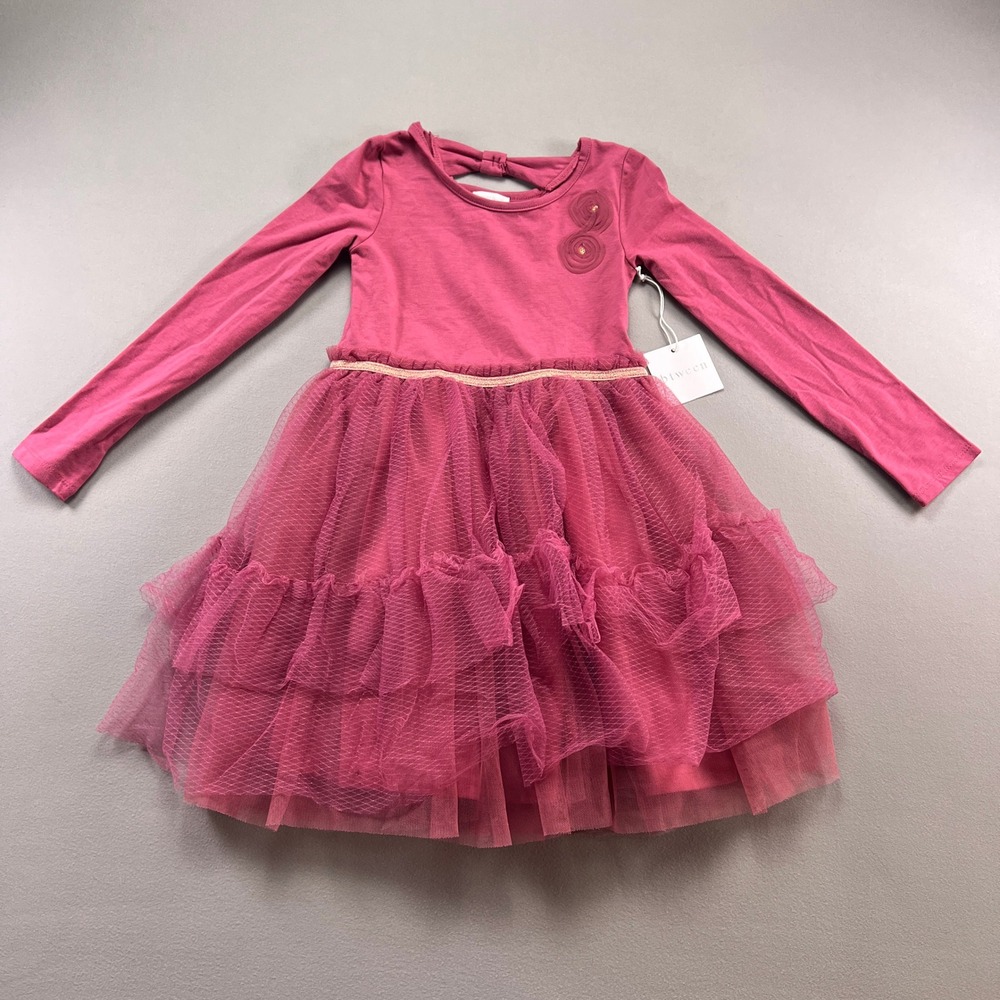 Btween Tulle Mixed Media Dress Girls 8 Pink Rosette Bow Back Long Sleeve Party